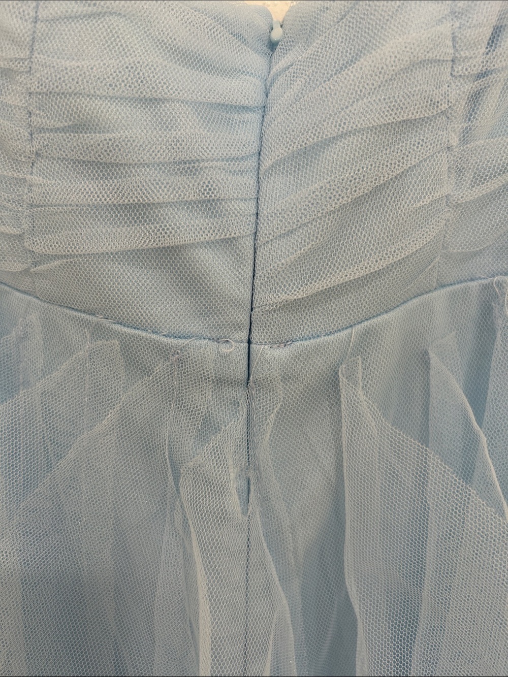 Lulu's Delightfully Beauty Blue Mesh Strapless Ruched Ruffled Maxi Dress. - Picture 8 of 8